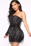Sexy Single Sleeve Sequin Fringed Party Club Bodycon Dress