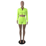Women Long Sleeve Zip Up Top + Shorts Solid Two Piece Set