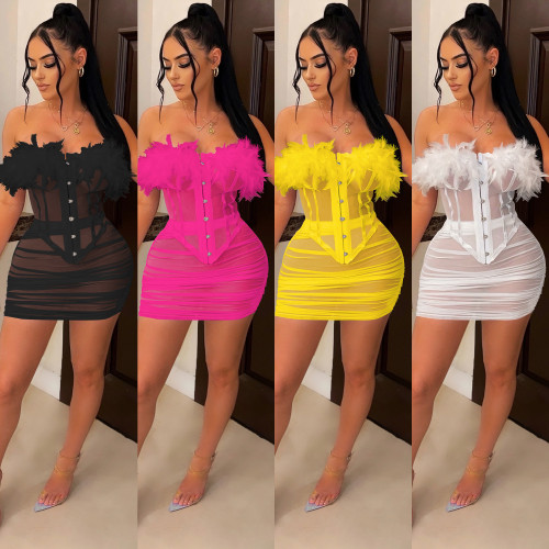 Solid See-Through Mesh Two Piece Set Feather Lace-Up Strapless Irregular Top Ruched Mini Skirt