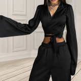 Solid Long Sleeve Wrap Top Straight Pants Casual Two Piece Set