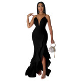 Solid Low Back Dress V-Neck Ruffle Strap Ruffles Maxi Dress