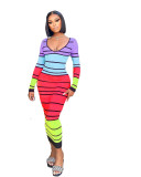 Women Striped Print V-neck Long Sleeve Maxi Dress