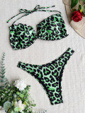 Leopard V-Bar Halter Ruffle High Cut Bikini Set