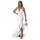 Solid Low Back Dress V-Neck Ruffle Strap Ruffles Maxi Dress