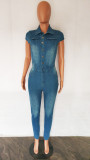 Sexy Button Up Cap Sleeves Tight Fit Denim Jumpsuit