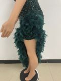 Sexy Strapless Sequin Irregular Slit Feather Trim Evening Dress