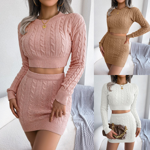 Women Knitted Two Piece Set Cropped Sweater + Mini Skirt