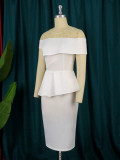 Plus Size Office Lady Lace Patchwork Elegant Ruffle Bodycon Dress