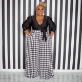 Print Houndstooth Wide Leg Plus Size Pants