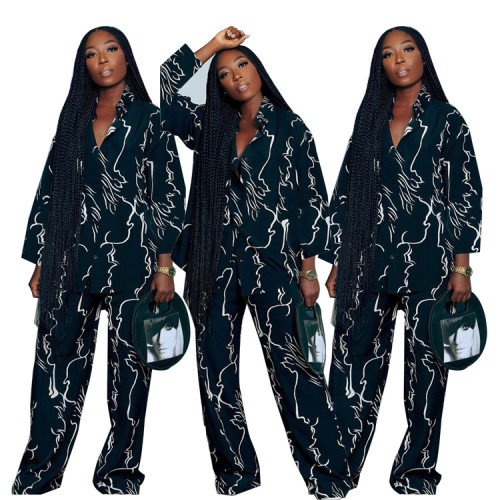 Women's Print Black Loose Two Piece Set