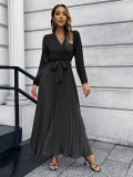 Women Solid V-Neck Long Sleeve Pleated Maxi Dress