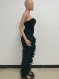 Sexy Strapless Sequin Irregular Slit Feather Trim Evening Dress