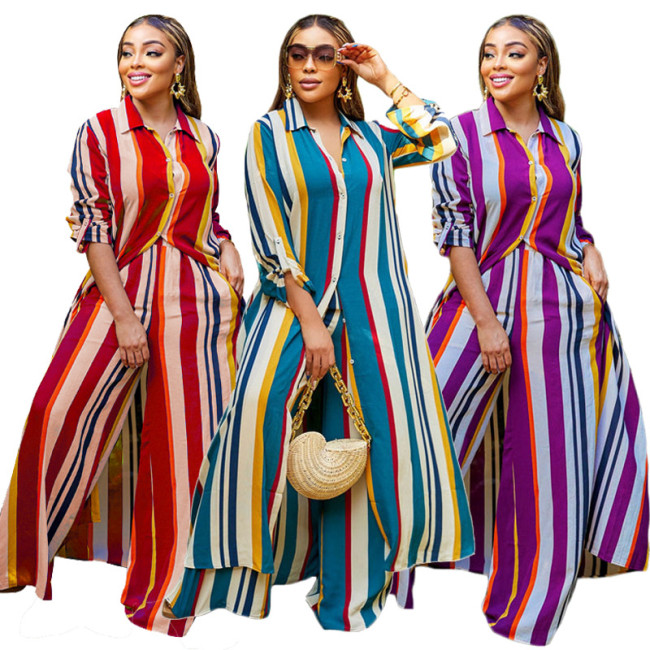 Women's Long Sleeve Striped Long Shirt & Trousers Two Piece Set