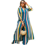 Women's Long Sleeve Striped Long Shirt & Trousers Two Piece Set