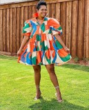 Plus Size Print Casual Ruffles Puff Sleeve Loose Shirt Dress