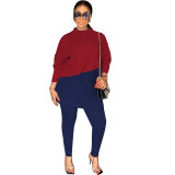 Women's Two Tone Casual Colorblock Long Loose Slit Top and Tight Pants Set