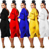 Ladies One Shoulder Single Long Sleeve Bow Tie Bodycon Midi Dress(without belt)