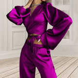 Solid Long Sleeve Wrap Top Straight Pants Casual Two Piece Set