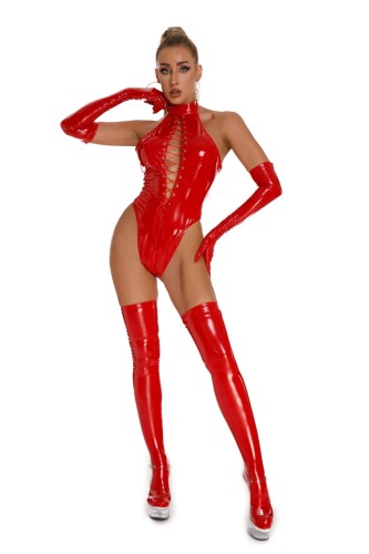 Patent Pu Leather Lingerie Crotchless Halter Hollow Out Bodysuit (without Gloves + Stocking)