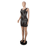 Women's Black Sleeveless See-Through Sexy Rhinestone Bodycon Nightclub Dress