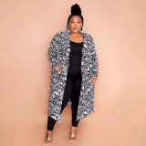 Plus Size Black Print Long Sleeve Cardigan Coat