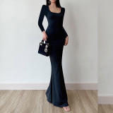 Women's Solid Sexy Long Sleeve High Waist Slim Fit Maxi Dress