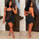 Solid Mesh See-Through Cut Out Ruched Irregular Dress