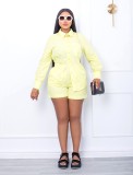 Women's Solid Button Shirt Top + Shorts Chic Two Piece Set