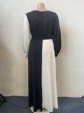 Sexy Plus Size Maxi Dress V-Neck White & Black Long Sleeve Tie Waist Dress