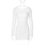 White Ribbed Long Sleeve Backless Bodycon Dress