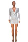 Women's Long Sleeve Sequin V-Neck Twisted Slim Fit Bodycon Dress