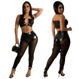 Sexy Black PU Leather Halter Lace-Up Crop Top & Mesh See-Through Pants Two Pieces