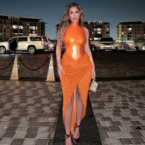 Women Orange Sleeveless Bodysuit + Slit Skirt Two-piece Set