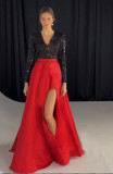 Sequin Black and Red Split V-Neck Long Sleeve Maxi Evening Dress