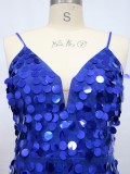 Blue Sexy Cami Slit Sequin V-Neck Evening Dress