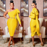 Ladies One Shoulder Single Long Sleeve Bow Tie Bodycon Midi Dress(without belt)