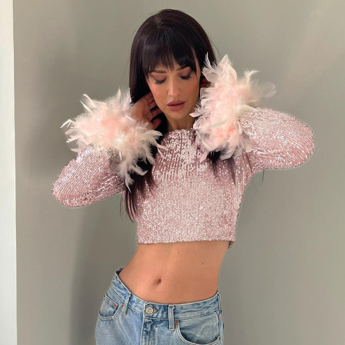 Sequin Feather Cuff Long Sleeve Fashion Crop Top