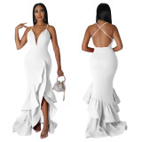 Solid Low Back Dress V-Neck Ruffle Strap Ruffles Maxi Dress