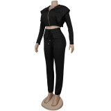 Women Sexy Zipper Short Hooded Long Sleeve Top + Sweatpants Two-piece Set