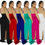 Women's Solid Slit Cami Ruched Evening Dress