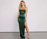 Dark Green Satin Slit Ruched Bodycon Cami Maxi Dress