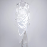 White Ruched V-neck high slit Dress