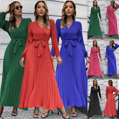 Women Solid V-Neck Long Sleeve Pleated Maxi Dress