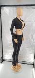 Sexy Two-piece Set Black PU Leather Crop Top and Pants