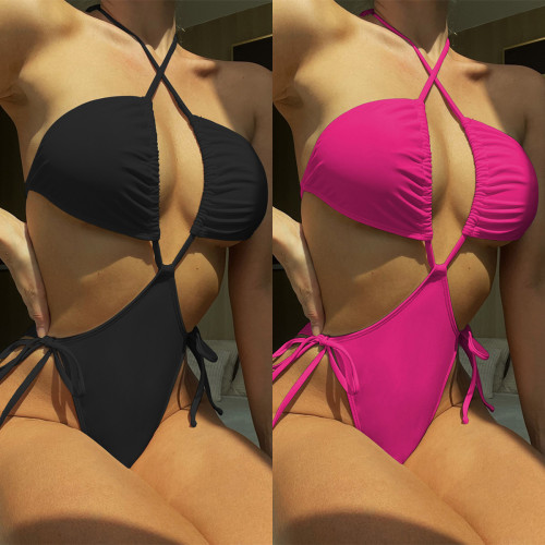 Solid Halter Hollow Out Tie Sides One Piece Swimsuit