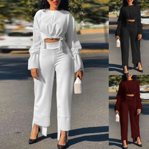 Solid Flare Sleeve Crop Top Casual Straight Pants Two Piece Set