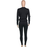 Solid V-Neck Wrap Ruched Loose Long Sleeve Top and Tight Pants Two Piece Set