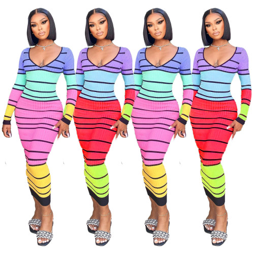 Women Striped Print V-neck Long Sleeve Maxi Dress