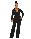 Sexy V-Neck Lace Patchwork See-Through Jumpsuit