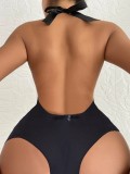 Sexy Halter Backless See Through Lace Mesh Patchwork Bodysuit Teddies Lingerie